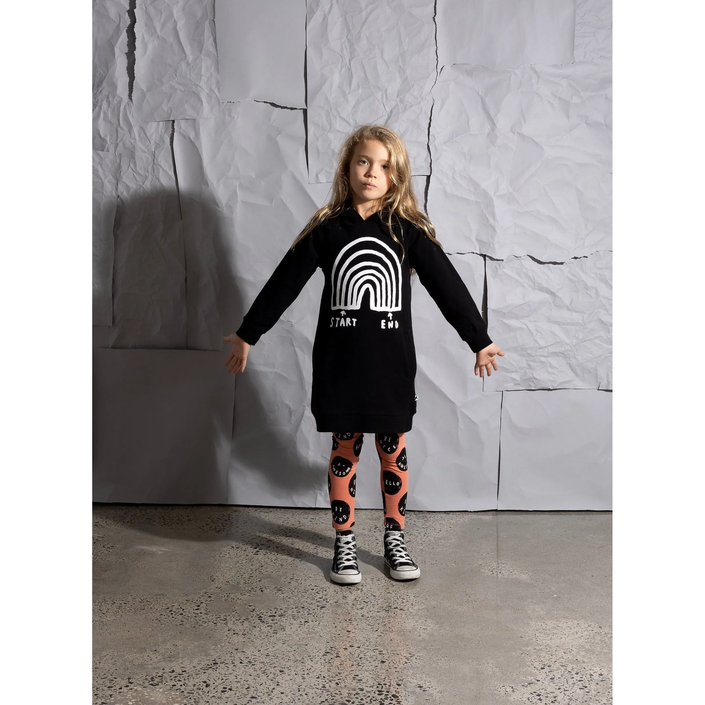 Rainbow Diagram Furry Hoodie Dress -Black