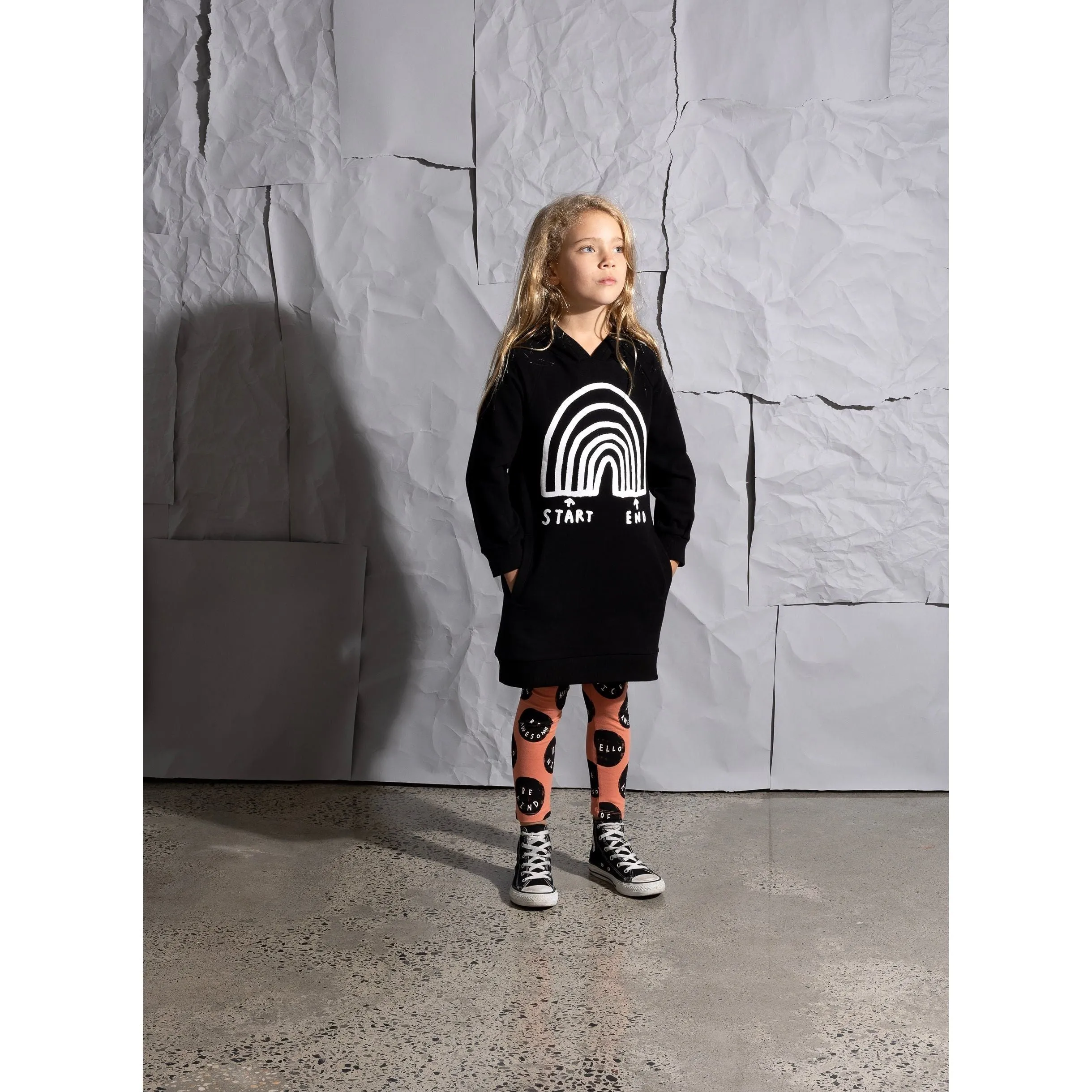 Rainbow Diagram Furry Hoodie Dress -Black