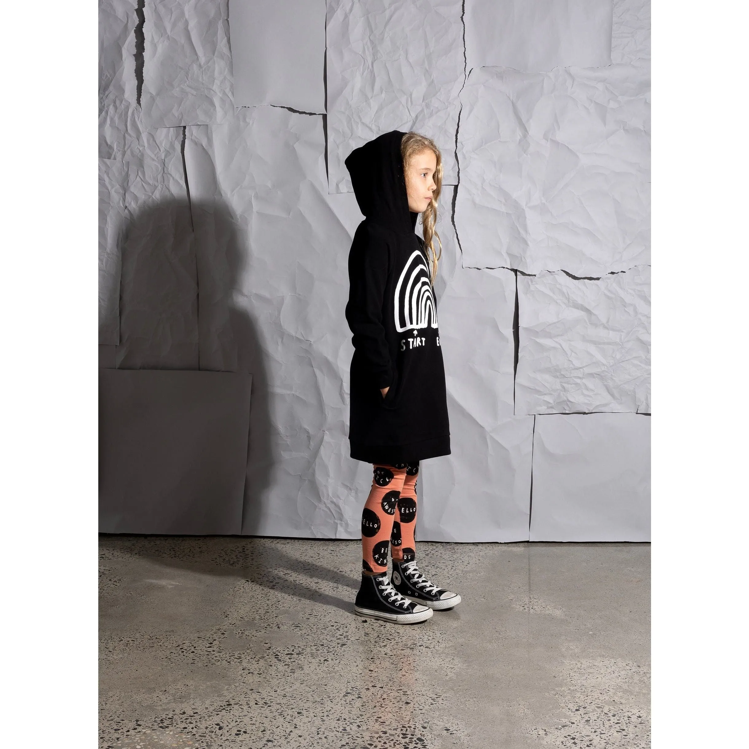 Rainbow Diagram Furry Hoodie Dress -Black