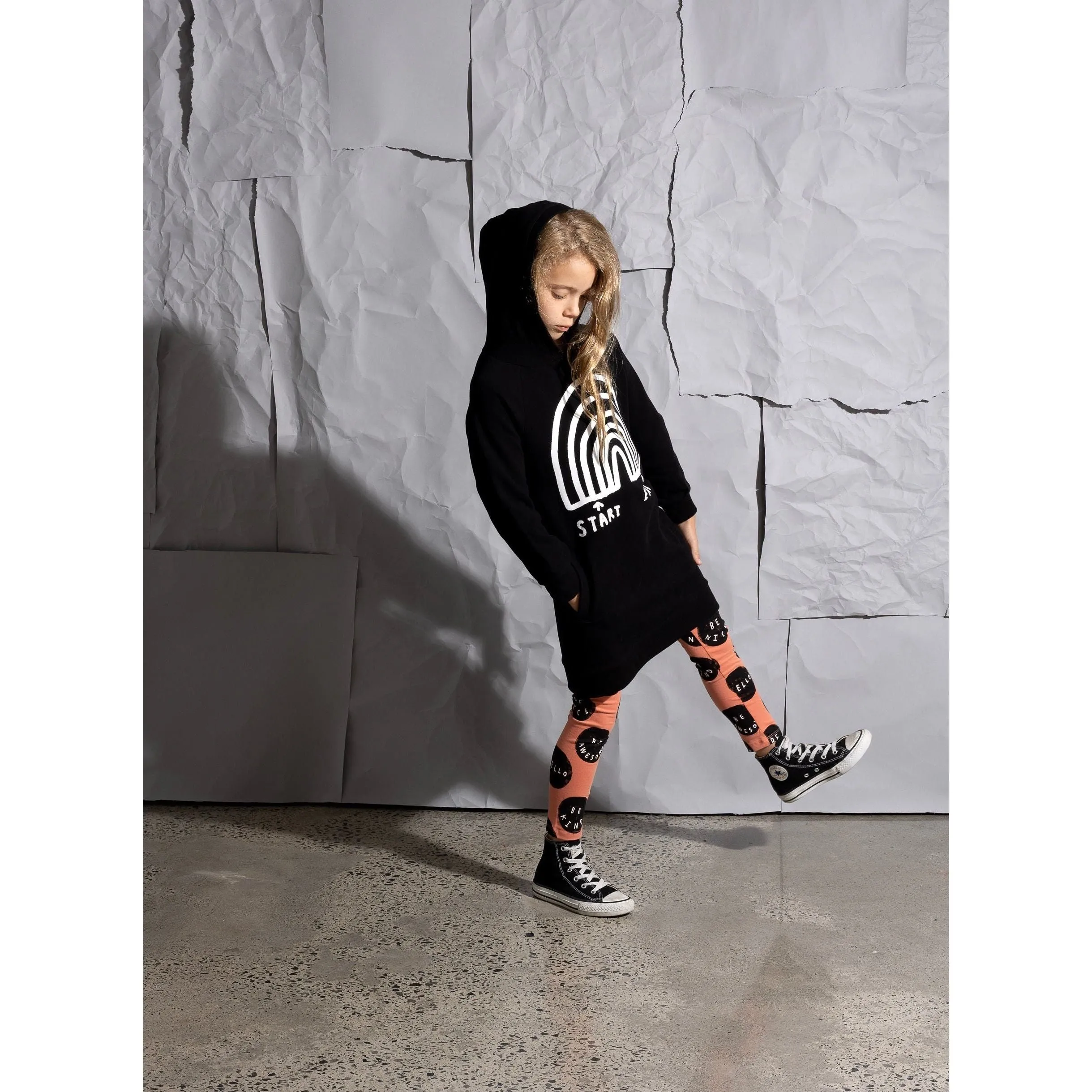Rainbow Diagram Furry Hoodie Dress -Black