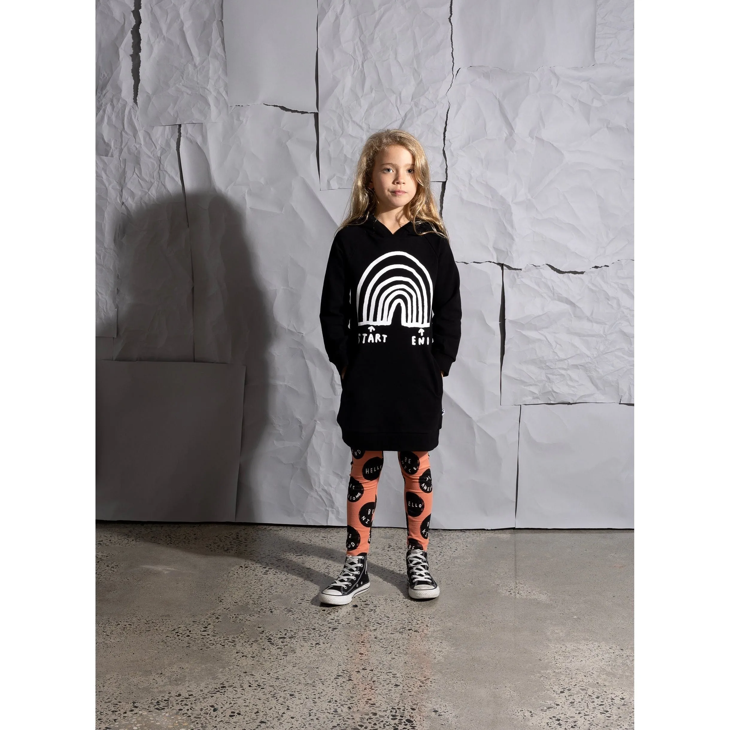 Rainbow Diagram Furry Hoodie Dress -Black