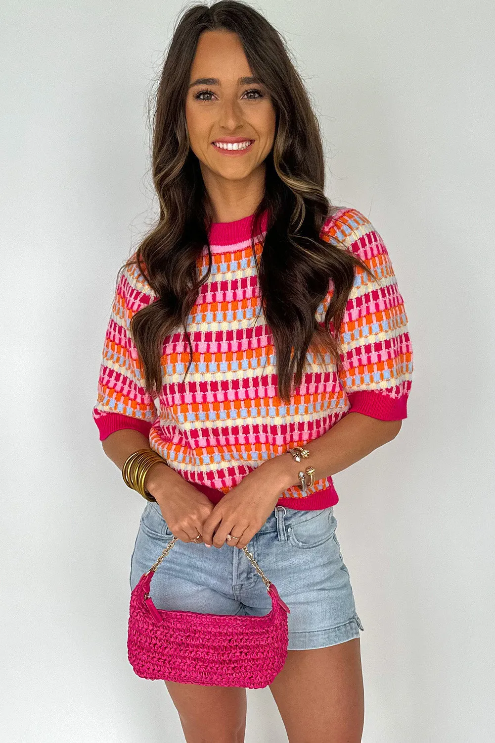 Red Striped Texture Knitted Summer Short Sleeve Top
