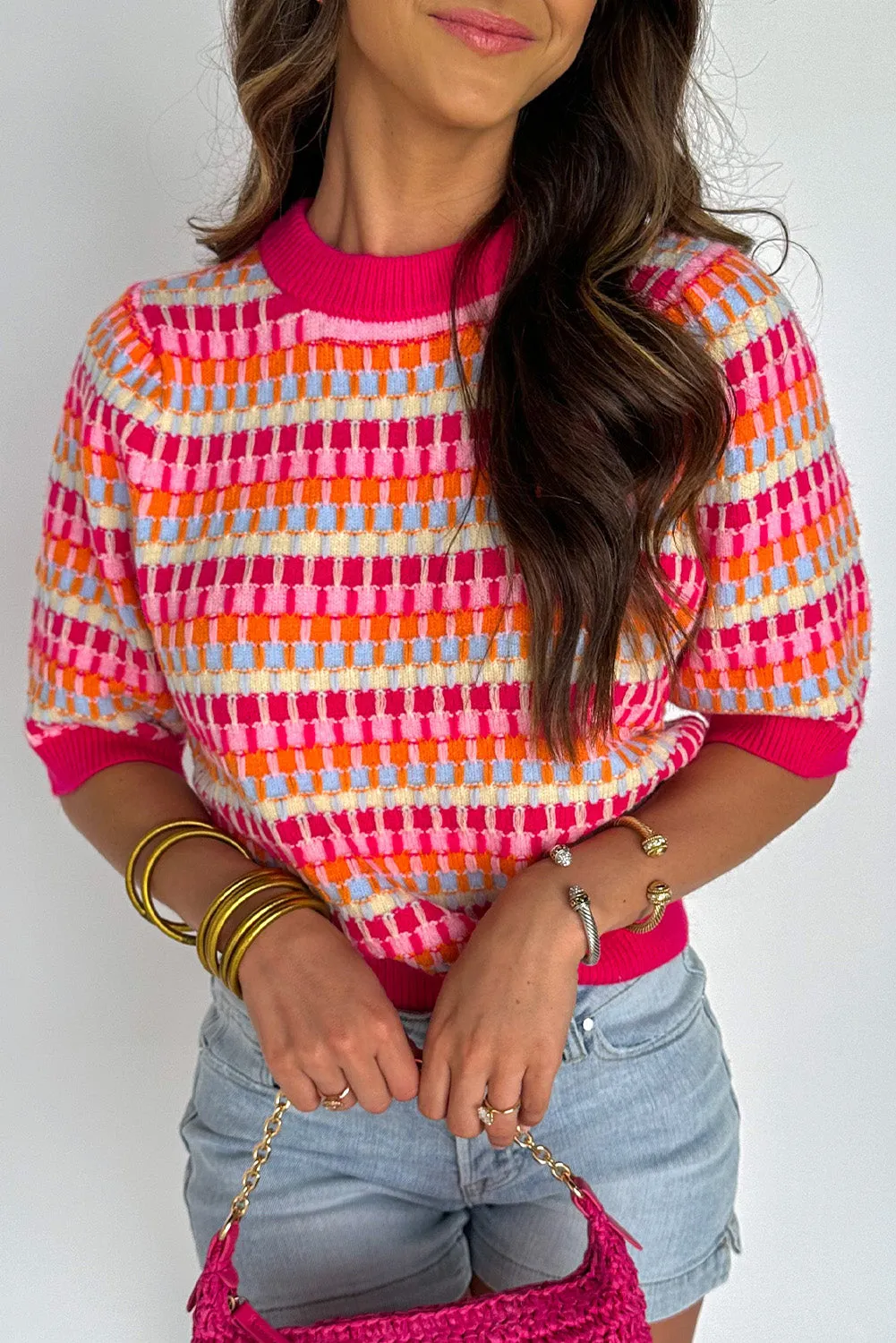 Red Striped Texture Knitted Summer Short Sleeve Top