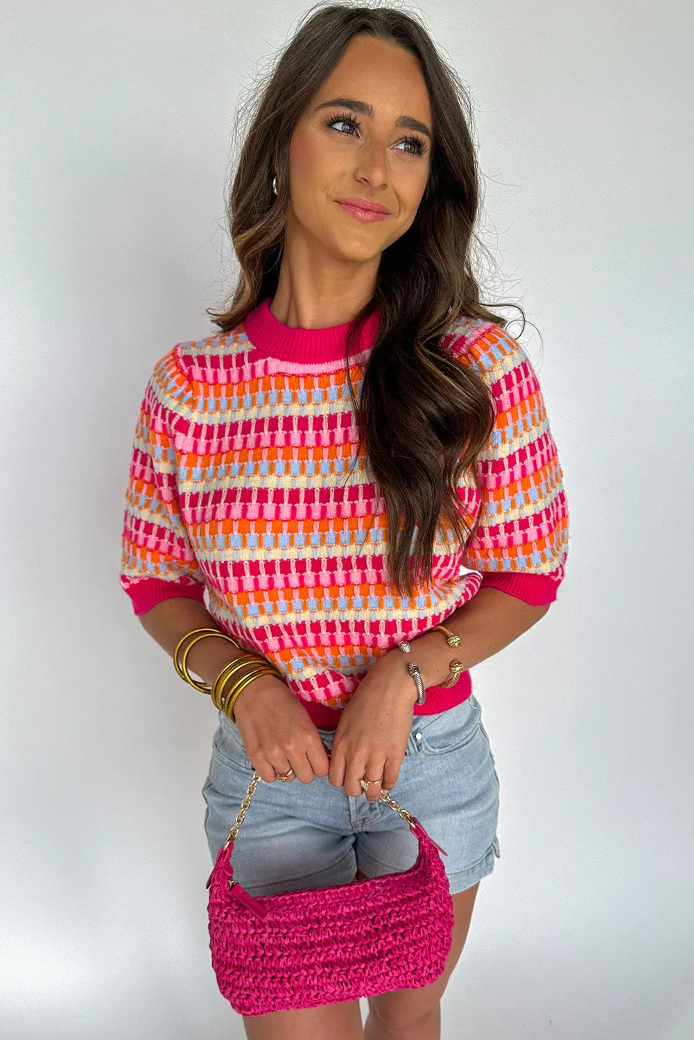 Red Striped Texture Knitted Summer Short Sleeve Top