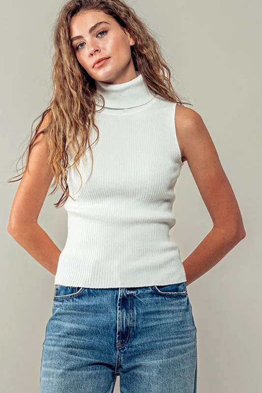 Rib Knit, Ivory Sleeveless  Turtleneck