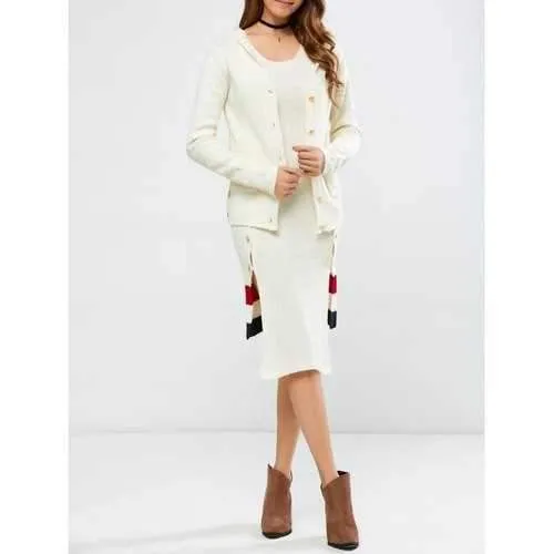Sleeveless Sweater Dress With Hoodie Cardigan - Off-white One Size