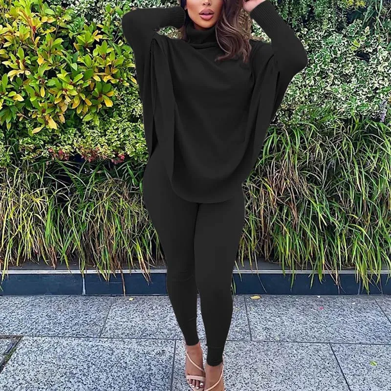 Solid Turtleneck Bat Sleeve Knitted Top & Pants Set