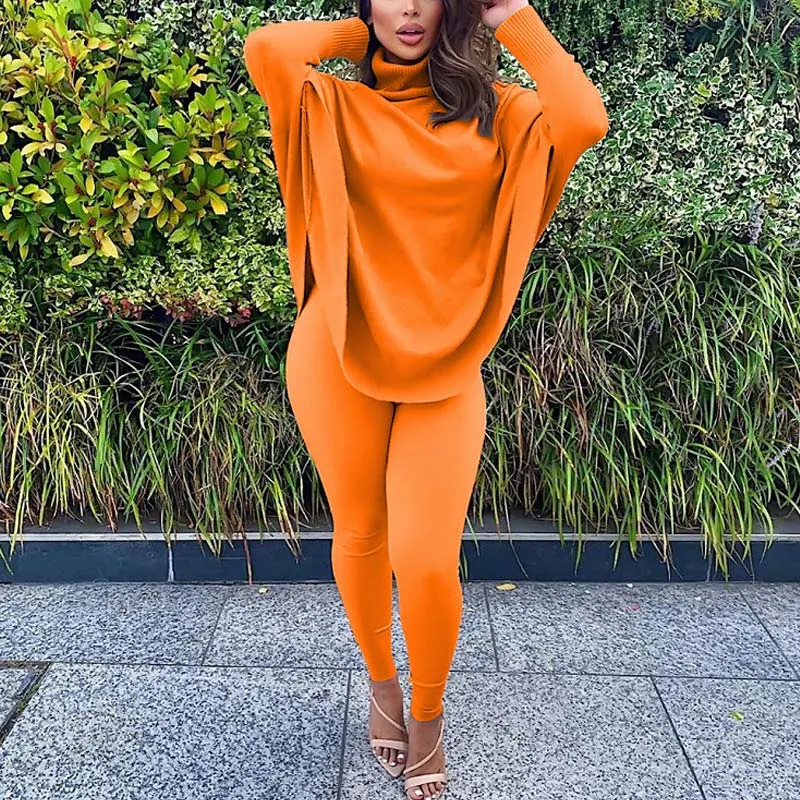 Solid Turtleneck Bat Sleeve Knitted Top & Pants Set