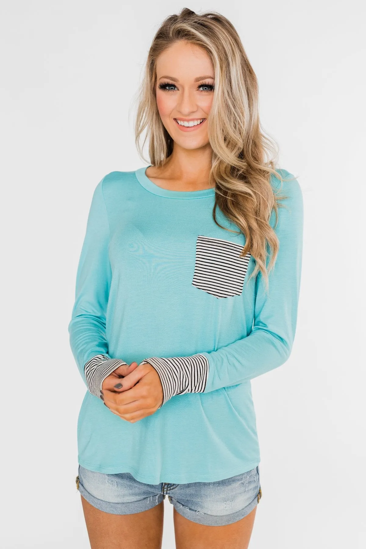 Special to Me Striped Detail Long Sleeve Top- Blue