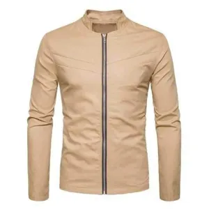 Stand Collar Zipper Pockets Zip Up Jacket - Khaki Xl