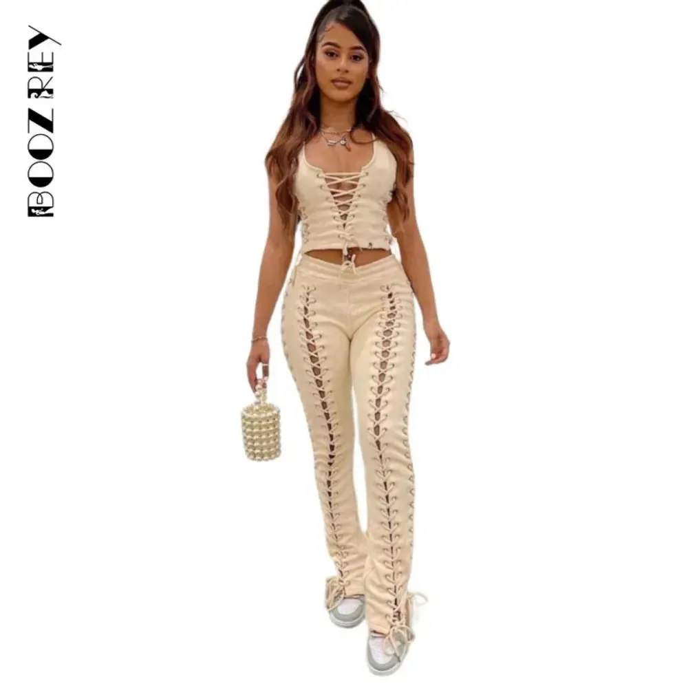 Streetwear Skinny Slim Sexy Lace Up Top & Hollow Out Straight Trousers
