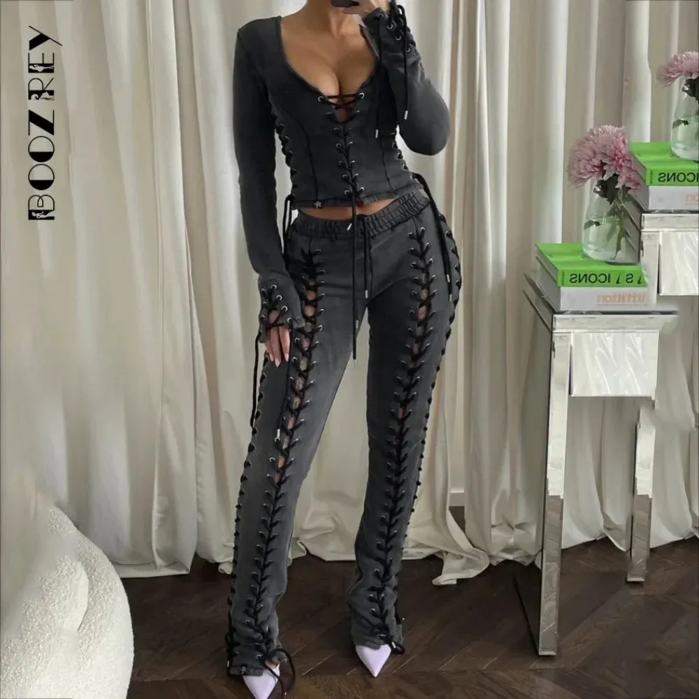 Streetwear Skinny Slim Sexy Lace Up Top & Hollow Out Straight Trousers