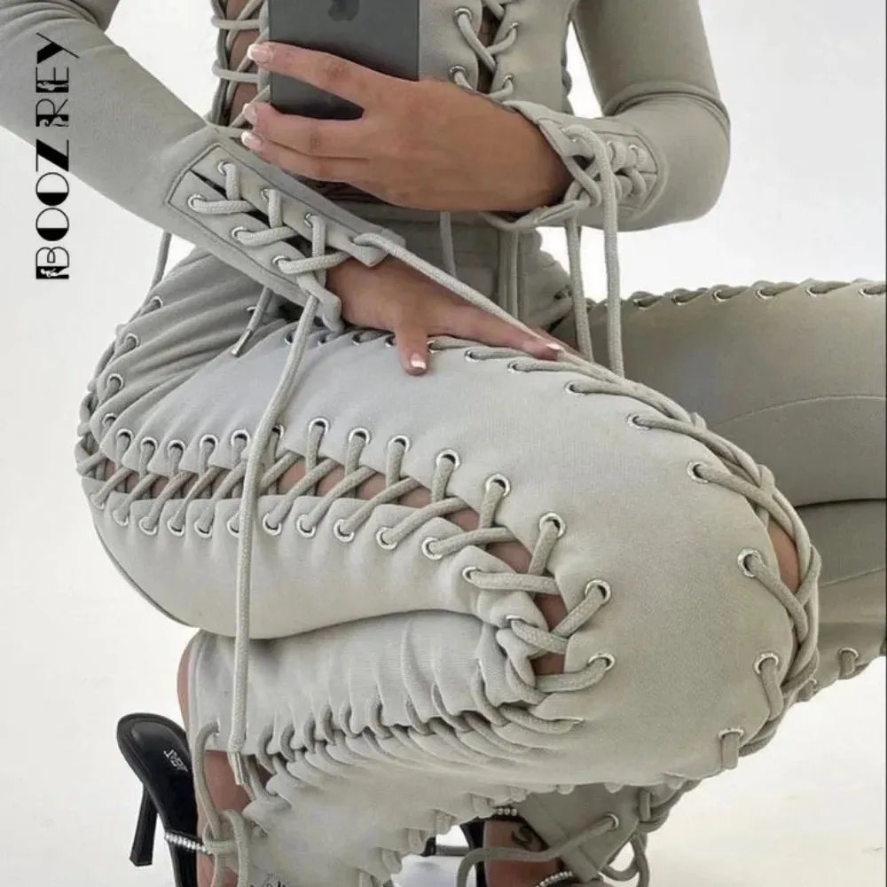 Streetwear Skinny Slim Sexy Lace Up Top & Hollow Out Straight Trousers