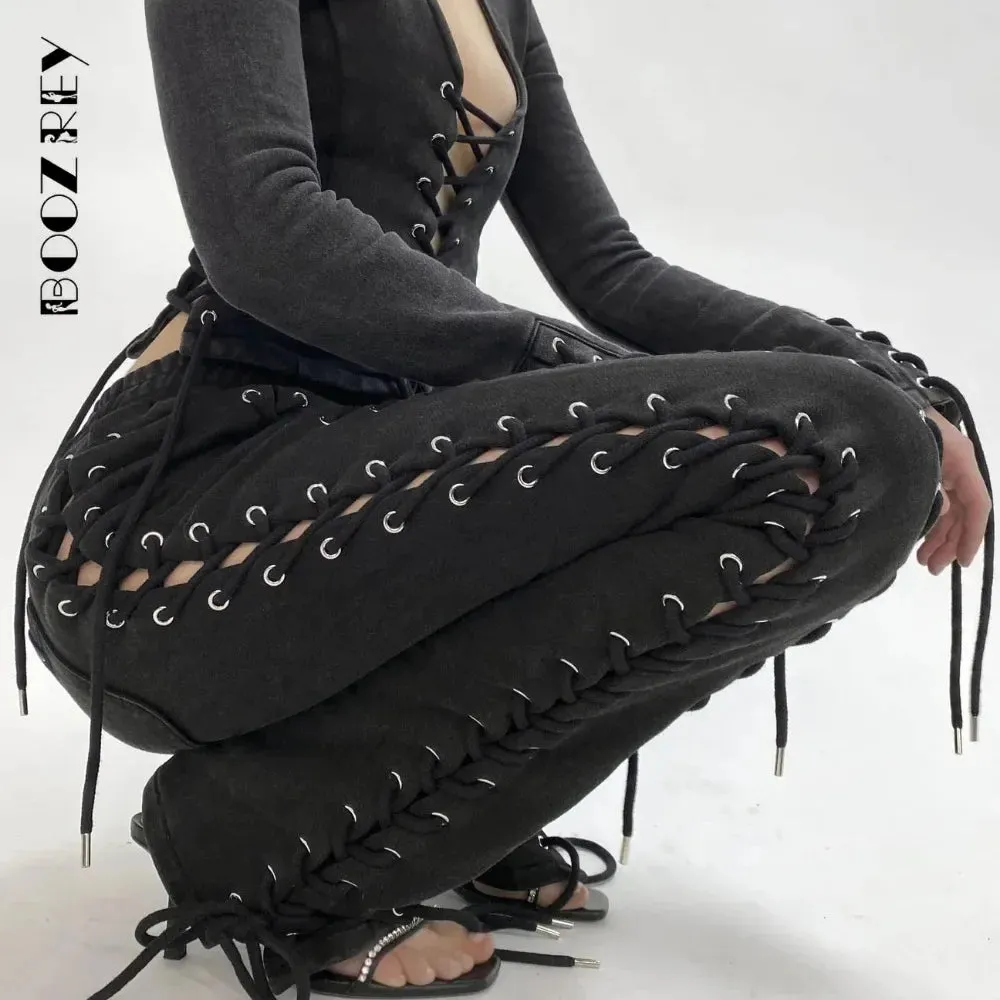 Streetwear Skinny Slim Sexy Lace Up Top & Hollow Out Straight Trousers
