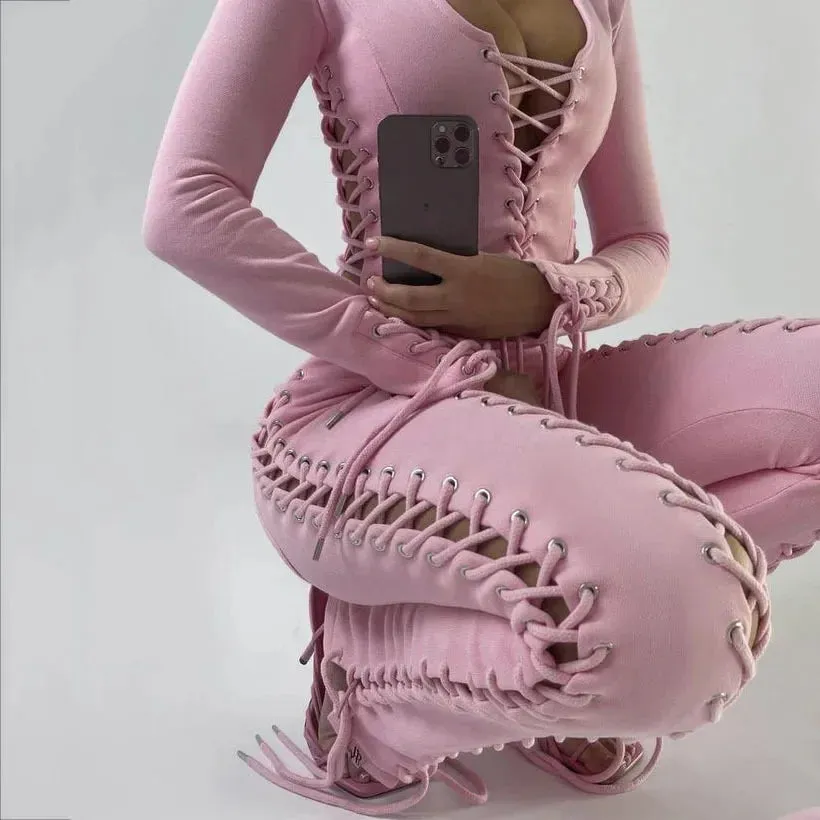 Streetwear Skinny Slim Sexy Lace Up Top & Hollow Out Straight Trousers