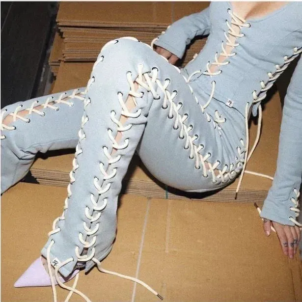 Streetwear Skinny Slim Sexy Lace Up Top & Hollow Out Straight Trousers