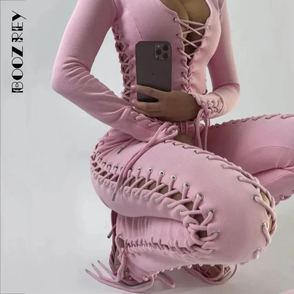 Streetwear Skinny Slim Sexy Lace Up Top & Hollow Out Straight Trousers