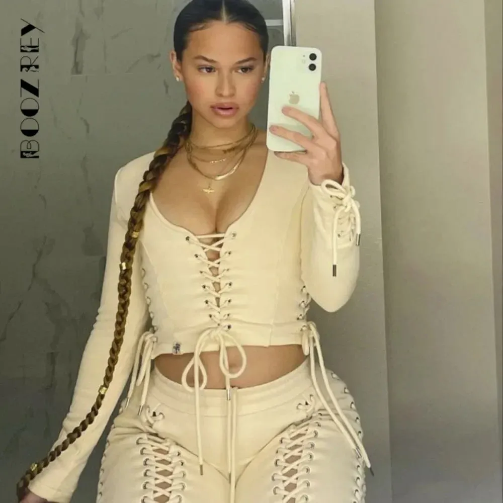 Streetwear Skinny Slim Sexy Lace Up Top & Hollow Out Straight Trousers