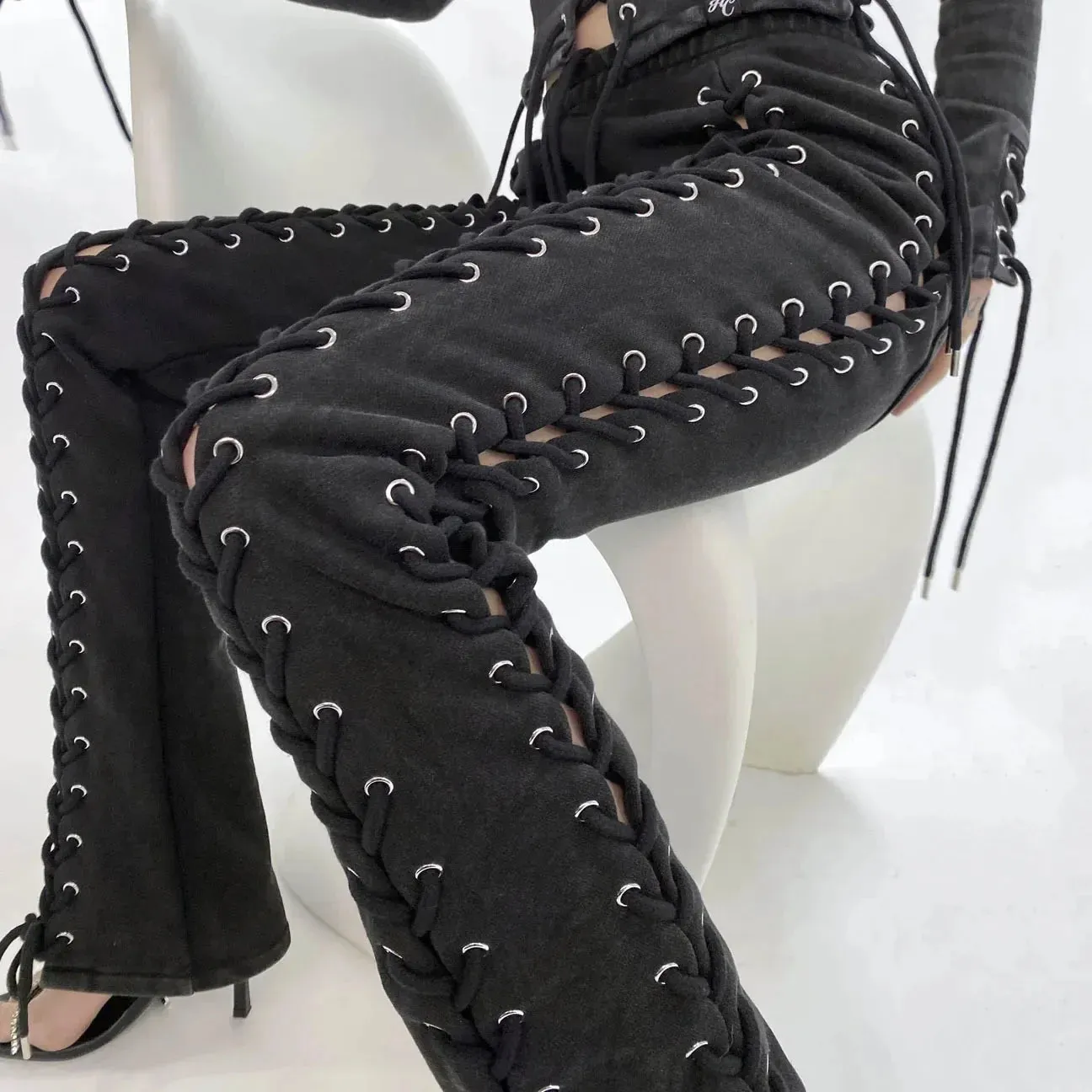 Streetwear Skinny Slim Sexy Lace Up Top & Hollow Out Straight Trousers
