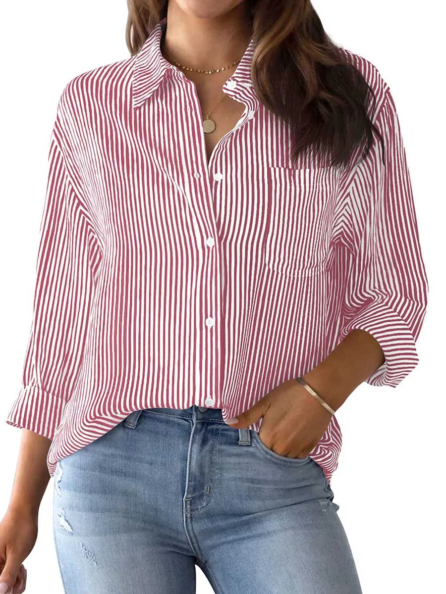 Stunncal Striped Long Sleeve Collared Shirt Top