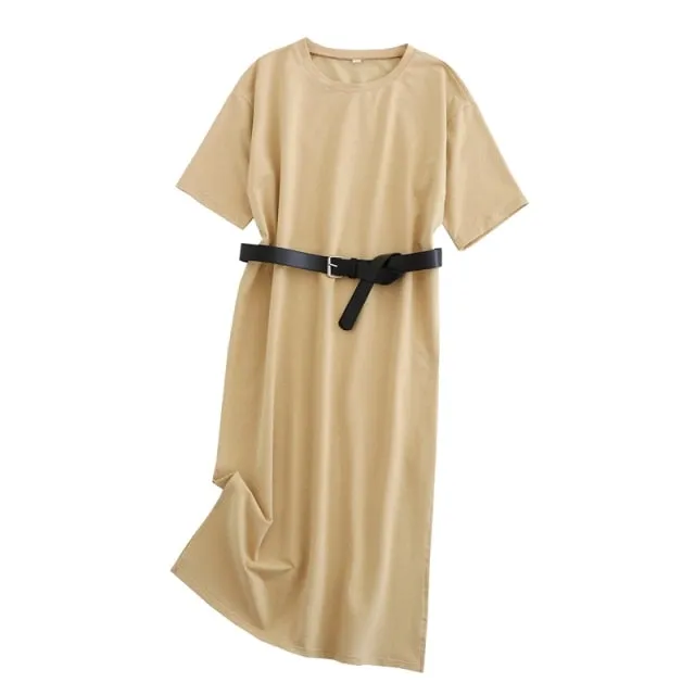 Tangada 2021 Women Elegant 95% Cotton Sweatshirt Dress Oversized Short Sleeve Side Open Ladies Midi Dress 6L60