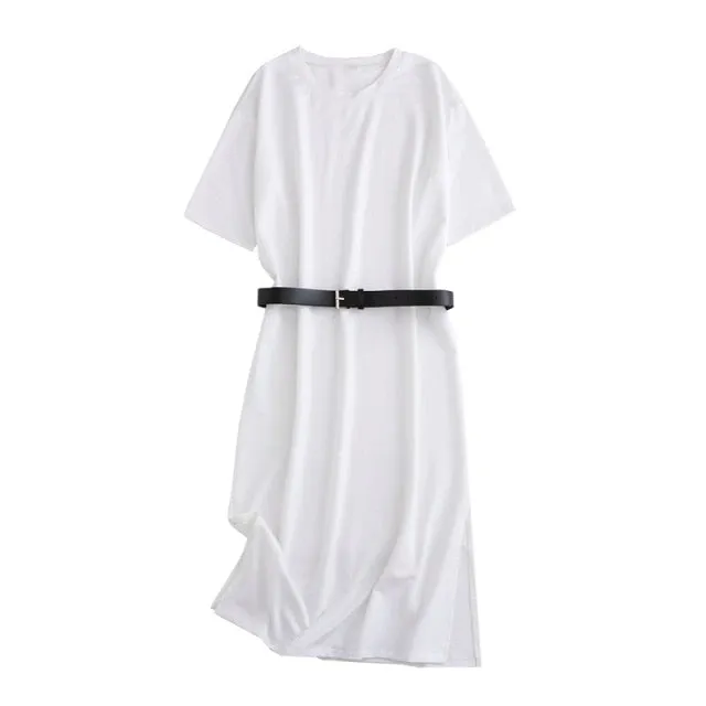 Tangada 2021 Women Elegant 95% Cotton Sweatshirt Dress Oversized Short Sleeve Side Open Ladies Midi Dress 6L60