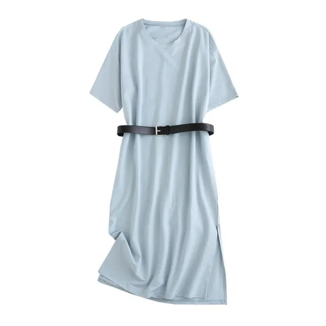Tangada 2021 Women Elegant 95% Cotton Sweatshirt Dress Oversized Short Sleeve Side Open Ladies Midi Dress 6L60