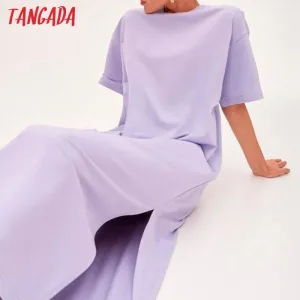 Tangada 2021 Women Elegant 95% Cotton Sweatshirt Dress Oversized Short Sleeve Side Open Ladies Midi Dress 6L60