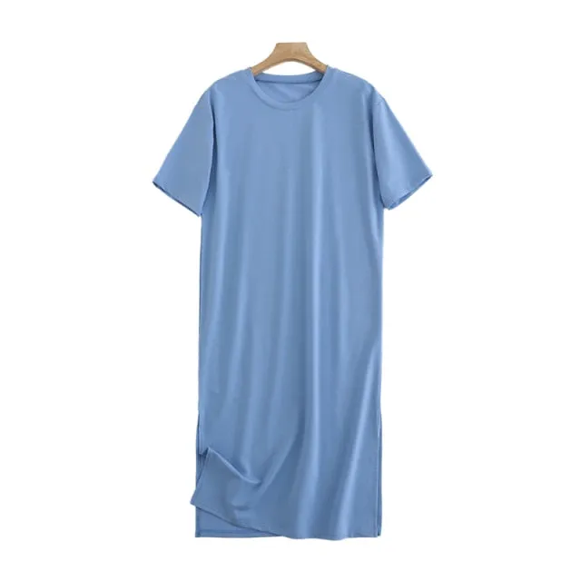 Tangada 2021 Women Elegant 95% Cotton Sweatshirt Dress Oversized Short Sleeve Side Open Ladies Midi Dress 6L60
