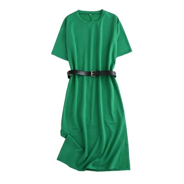 Tangada 2021 Women Elegant 95% Cotton Sweatshirt Dress Oversized Short Sleeve Side Open Ladies Midi Dress 6L60