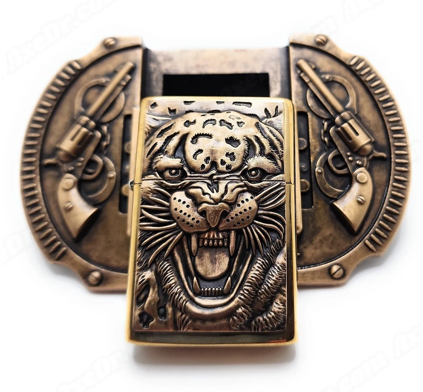 Tiger Revolvers Lighter Belt Buckle Bronze / Roaring Tiger Lighter Belt Buckle