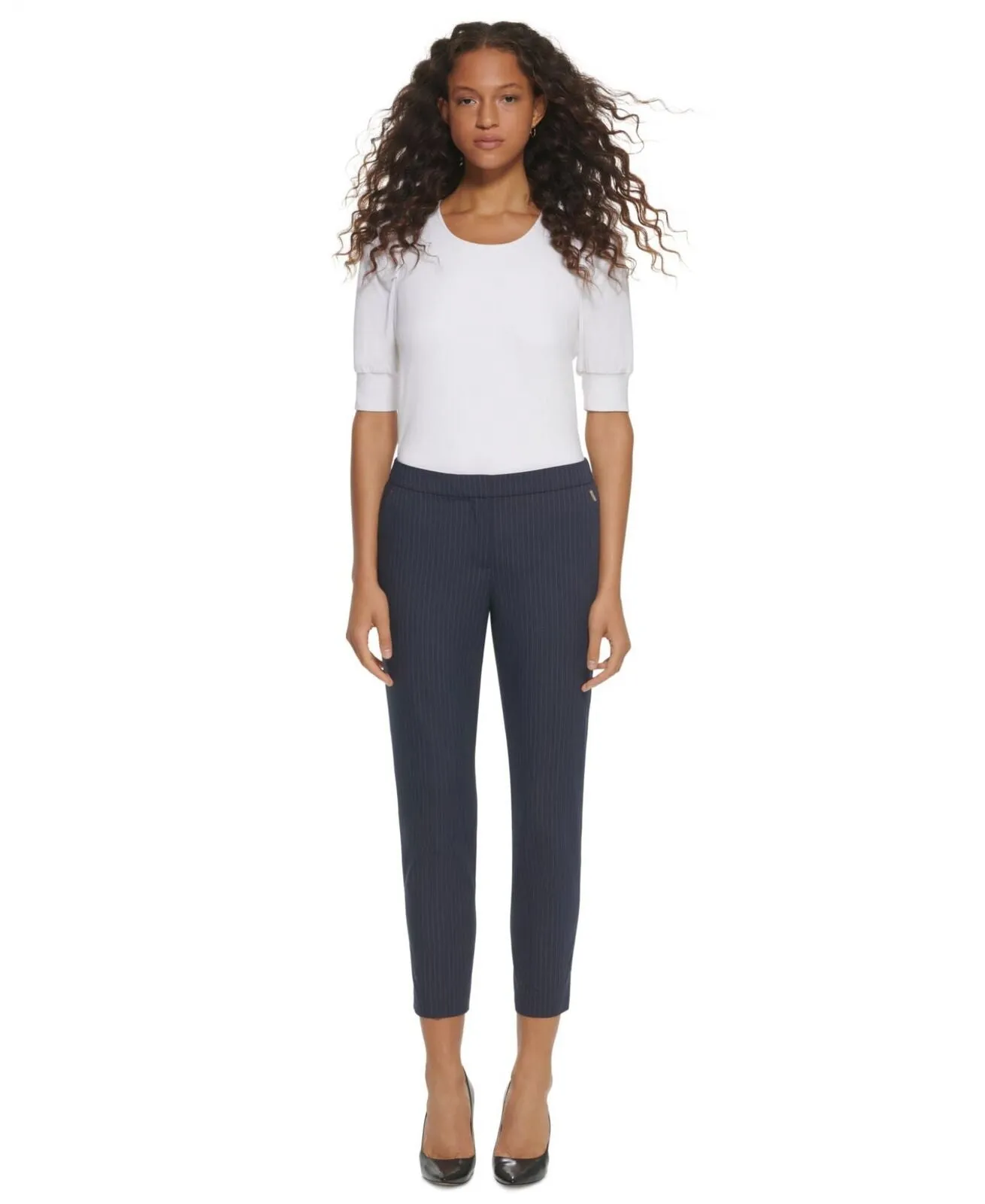 Tommy Hilfiger Women's Pinstriped Sloane Pants H27PS543 Midnight Blue Ivory 10
