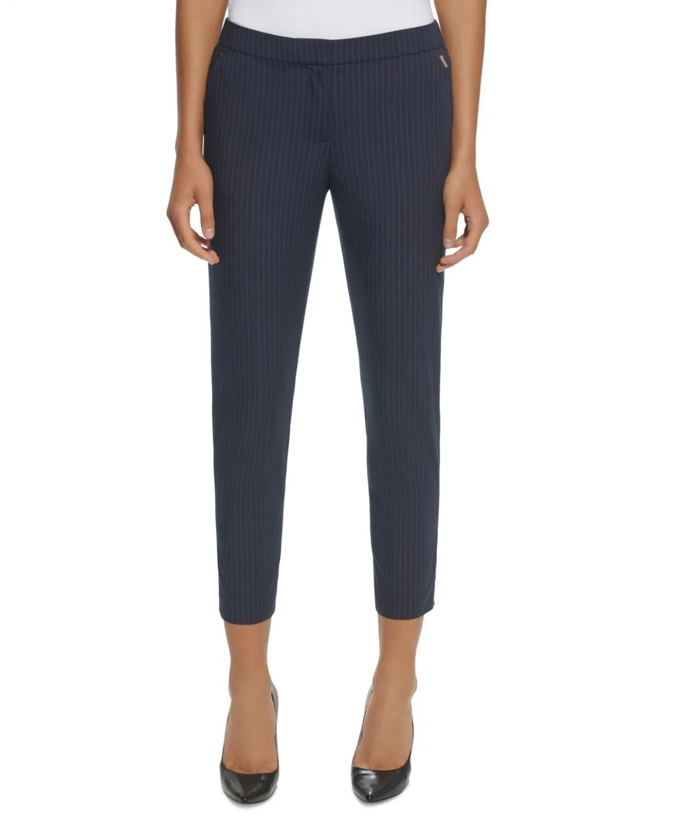 Tommy Hilfiger Women's Pinstriped Sloane Pants H27PS543 Midnight Blue Ivory 10