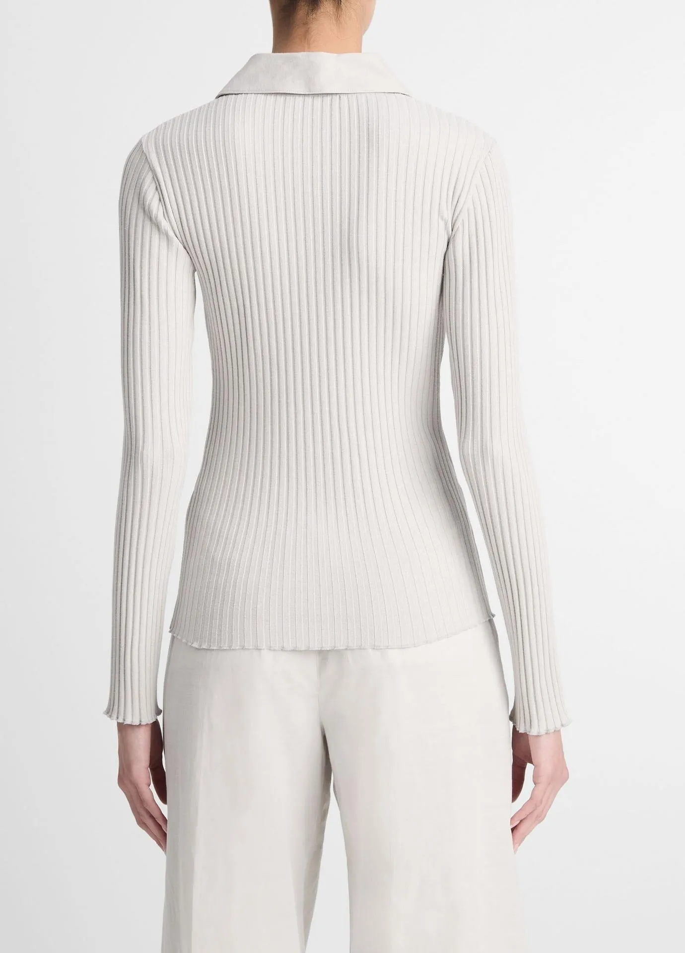 Vince Rib Long Sleeve Polo Button Up in Salt Glass