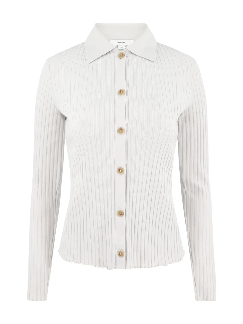 Vince Rib Long Sleeve Polo Button Up in Salt Glass