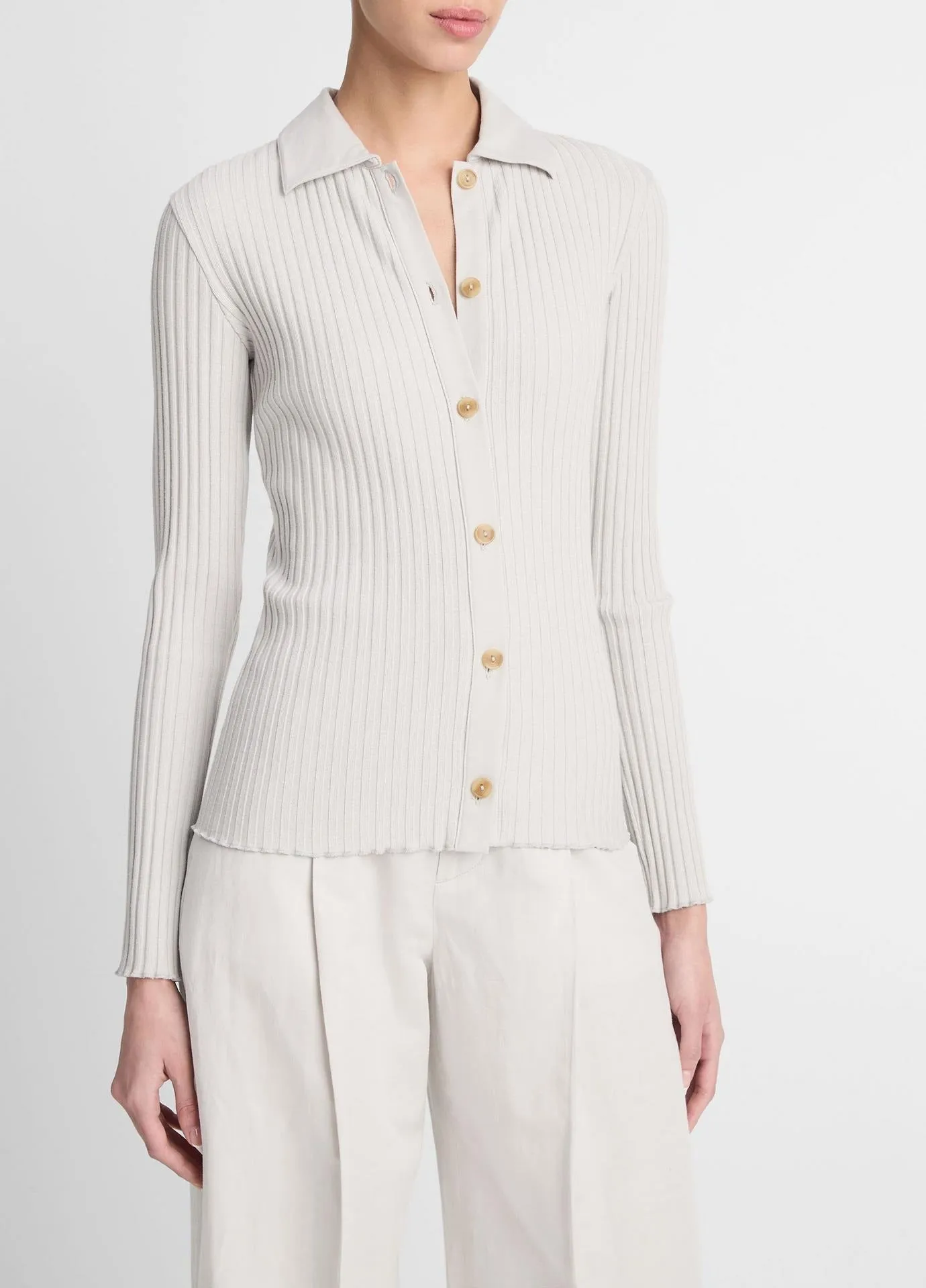 Vince Rib Long Sleeve Polo Button Up in Salt Glass