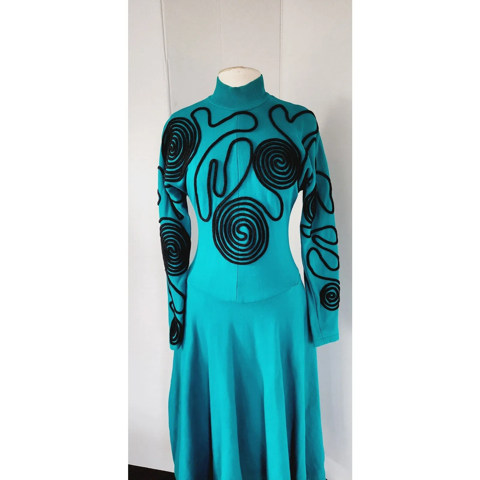 Vintage 80s Blue Dress Embroidered w/Black Spiral Coils by Be