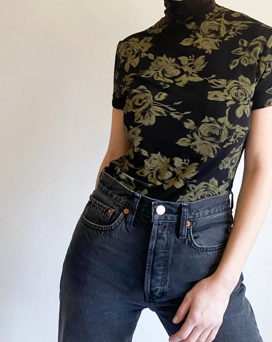 Vintage 90s Black Floral Short Sleeve Turtleneck