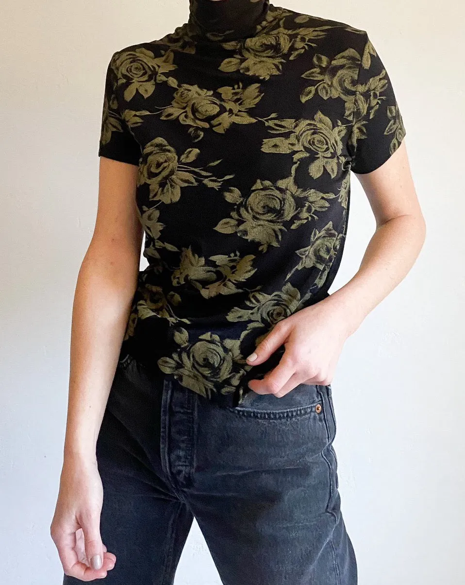 Vintage 90s Black Floral Short Sleeve Turtleneck