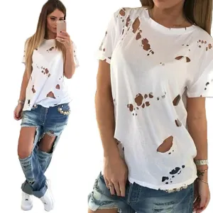 white black t shirt women wild hollow burning flowers ripped fashion hollow out short-sleeved t-shirt Women Tops