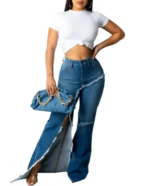 Wide-Leg Ripped Denim Flared Bottoms
