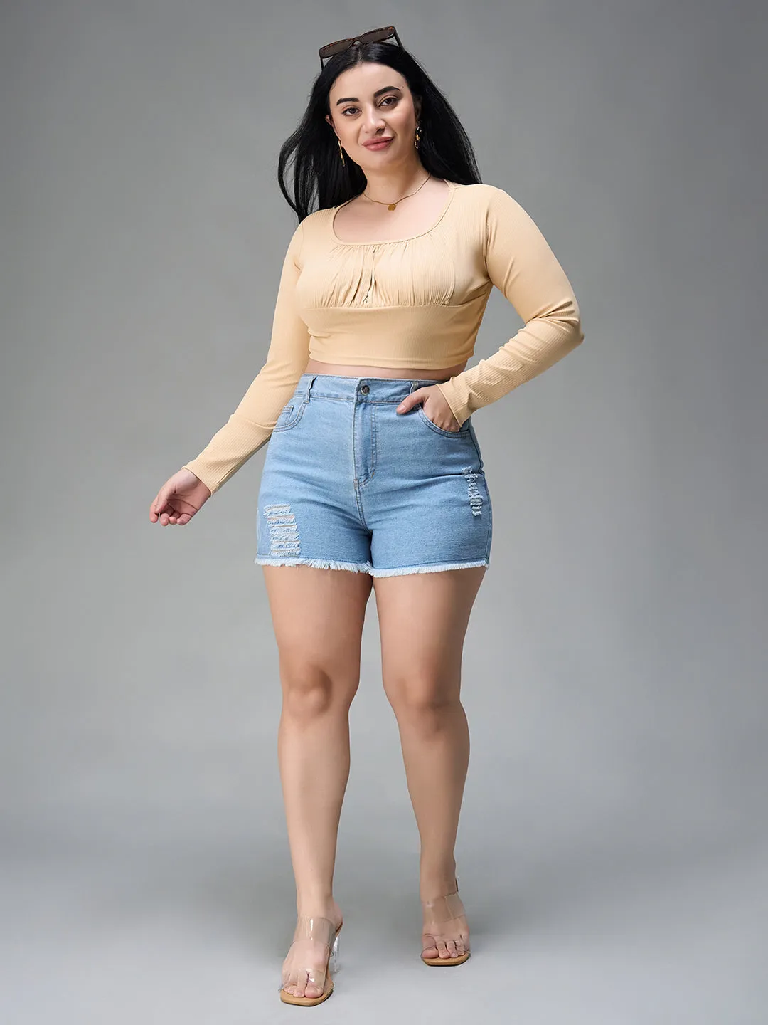 Women's Blue Relaxed Mid Rise High Distress Non Stretchable Denim Shorts