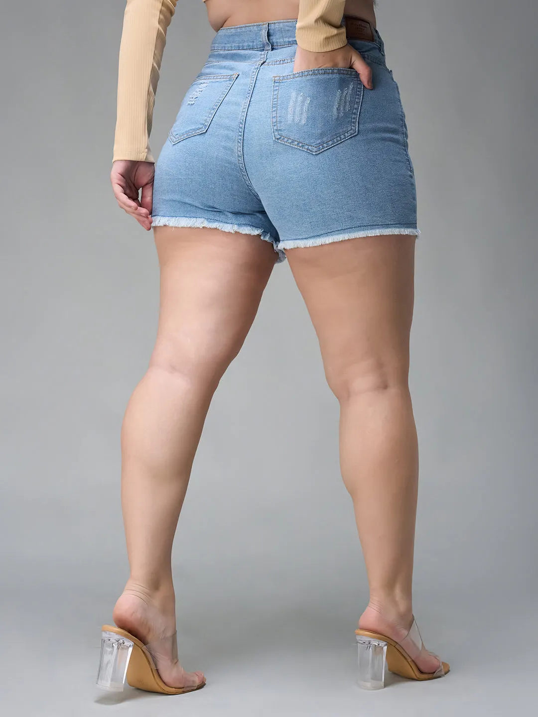 Women's Blue Relaxed Mid Rise High Distress Non Stretchable Denim Shorts