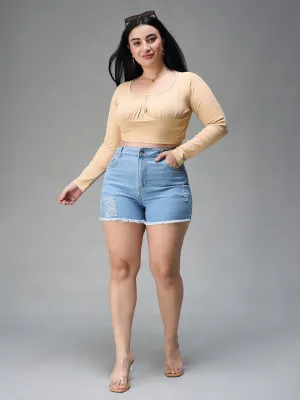 Women's Blue Relaxed Mid Rise High Distress Non Stretchable Denim Shorts