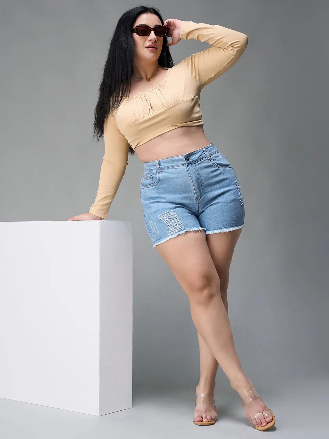 Women's Blue Relaxed Mid Rise High Distress Non Stretchable Denim Shorts