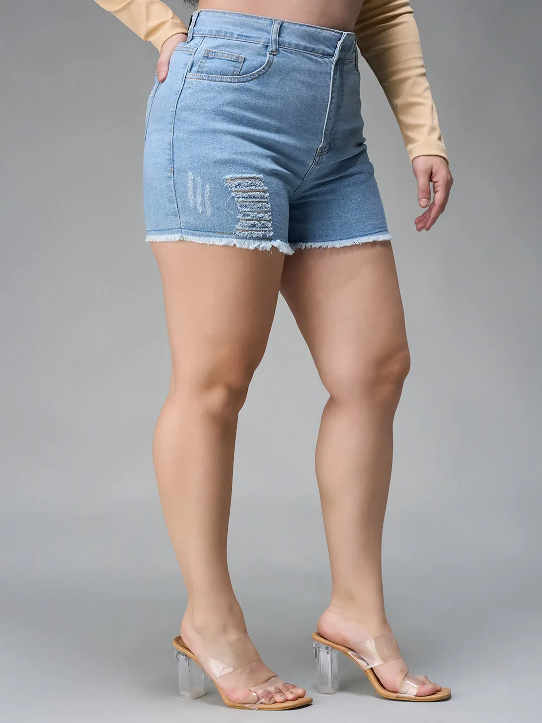 Women's Blue Relaxed Mid Rise High Distress Non Stretchable Denim Shorts