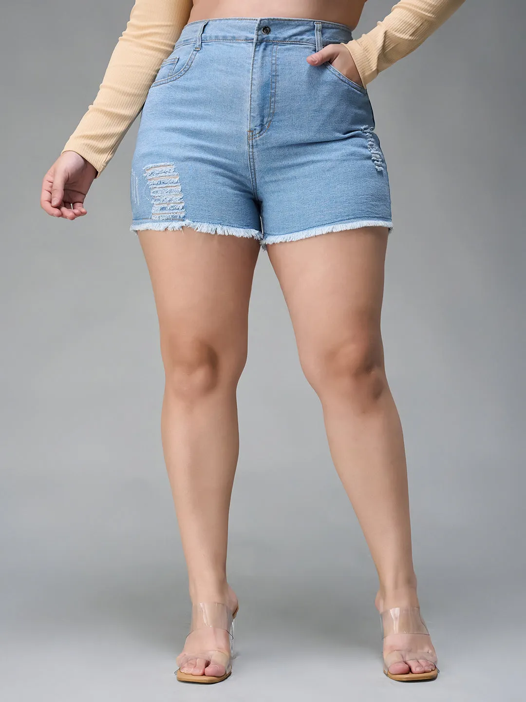 Women's Blue Relaxed Mid Rise High Distress Non Stretchable Denim Shorts