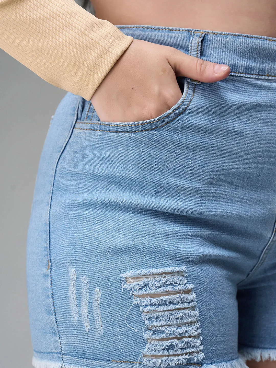 Women's Blue Relaxed Mid Rise High Distress Non Stretchable Denim Shorts