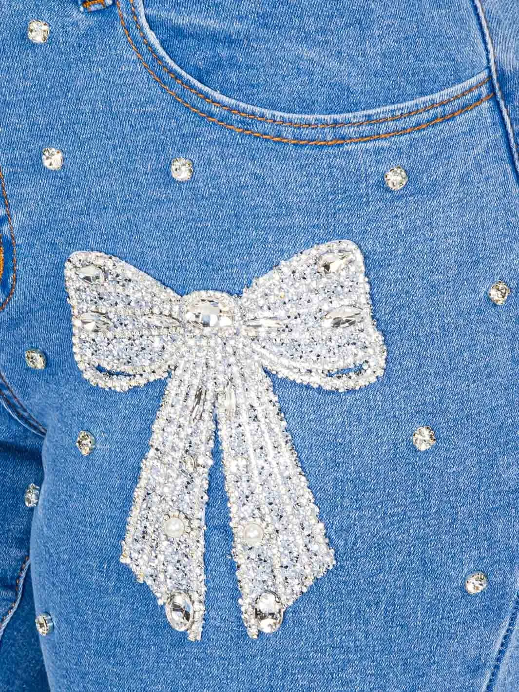WOMEN'S BUTTON CLOSURE POCKETS STUDS BOW STRETCH DENIM SKINNY JEANS