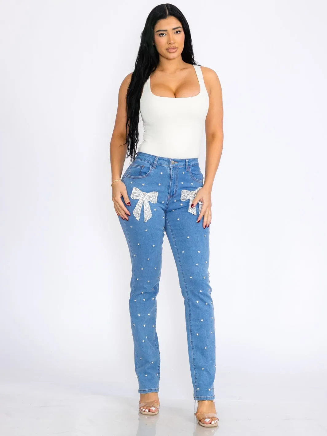 WOMEN'S BUTTON CLOSURE POCKETS STUDS BOW STRETCH DENIM SKINNY JEANS